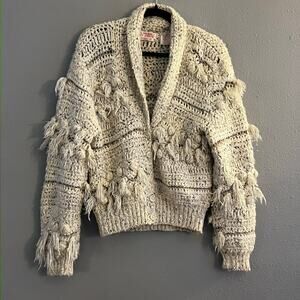 Vintage Gil Aimbez Static Crocheted Popcorn Fringe Cardigan Sweater Cream Small